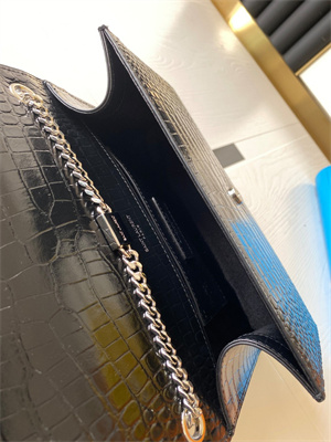 Y.S.L KATE MEDIUM TASSEL IN CROCODILE EMBOSSED Leather Silver Tone Metal Black Color