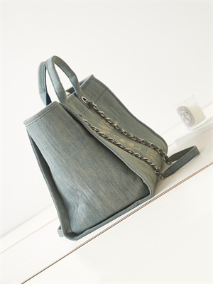 Cha.nel Deauville Large Shopping Bag Washed Denim Silver Tone Metal A66941