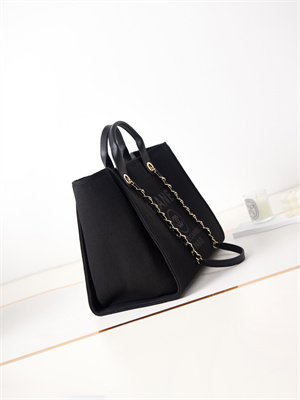 Cha.nel Deauville Large Shopping Bag Mixed Fibers Gold Tone Metal Black A66941