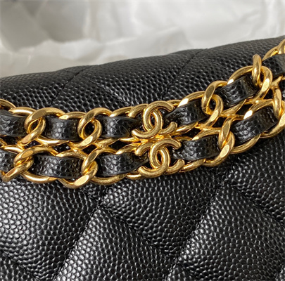 Cha.nel Wallet On Chain Grained Calfskin Gold Tone Metal Black AP3019