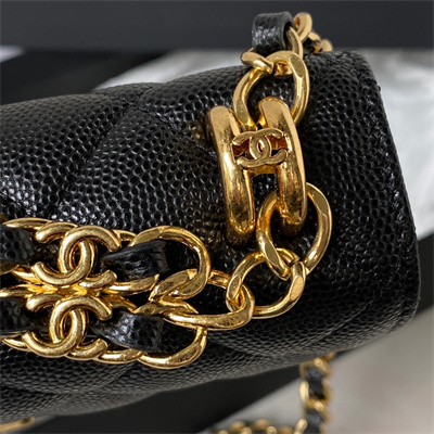 Cha.nel Wallet On Chain Grained Calfskin Gold Tone Metal Black AP3021