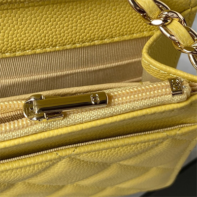 Cha.nel Wallet On Chain Grained Calfskin Gold Tone Metal Yellow AP3180