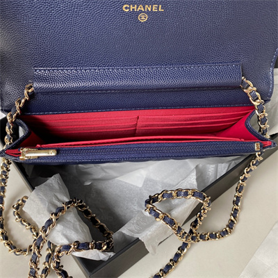 Cha.nel Wallet On Chain Grained Calfskin Gold Tone Metal Navy AP3180