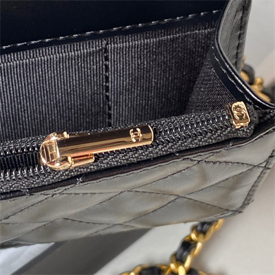 Cha.nel Wallet On Chain With Handel Shinny Calfskin Gold Tone Metal Black AP3242