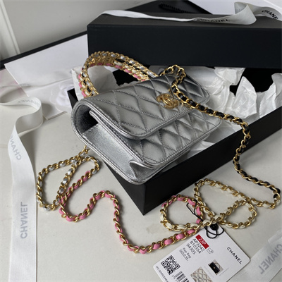 Cha.nel Wallet On Chain With Handel Shinny Calfskin Gold Tone Metal Silver AP3242