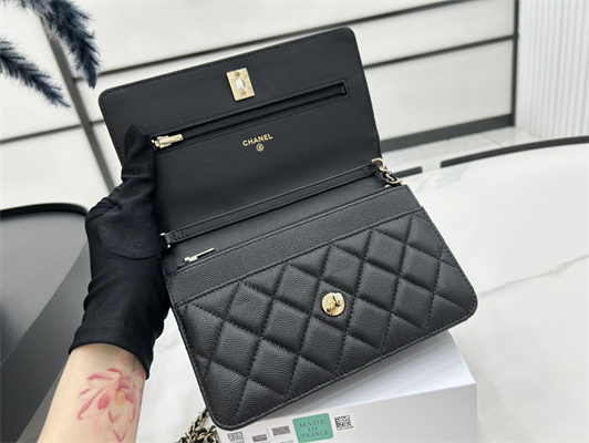 Cha.nel Wallet On Chain With Bowknot Grained Calfskin Gold Tone Metal Black AP3304