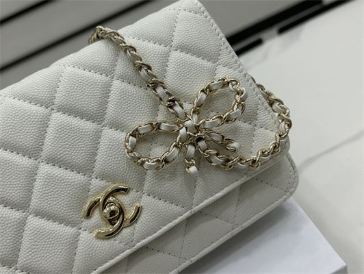 Cha.nel Wallet On Chain With Bowknot Grained Calfskin Gold Tone Metal White AP3304