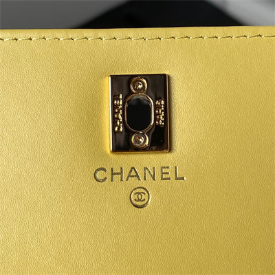 Cha.nel Wallet On Chain Grained Calfskin Gold Tone Metal Yellow AP3318