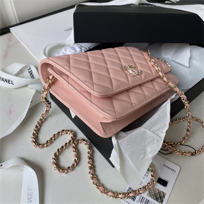 Cha.nel Wallet On Chain Grained Calfskin Gold Tone Metal Pink AP3336