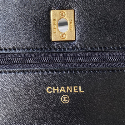 Cha.nel Wallet On Chain With Top Handle Lambskin Gold Tone Metal Black AP3381