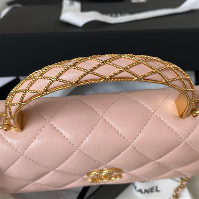Cha.nel Wallet On Chain With Top Handle Shiny Calfskin Gold Tone Metal Pink AP3385