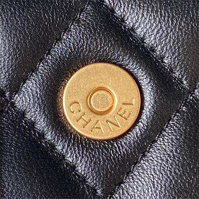 Cha.nel Wallet On Chain With Top Handle Shiny Calfskin Gold Tone Metal Black AP3385