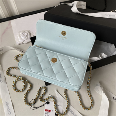 Cha.nel Wallet On Chain With Top Handle Shiny Calfskin Gold Tone Metal Light Blue AP3385