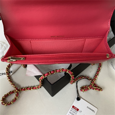 Cha.nel Wallet On Chain With Top Handle Shiny Calfskin Gold Tone Metal Peach Blossom AP3385