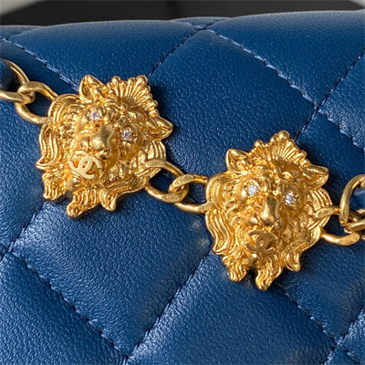 Cha.nel Wallet On Chain Lambskin Gold Tone Metal Little lion Blue AP3424