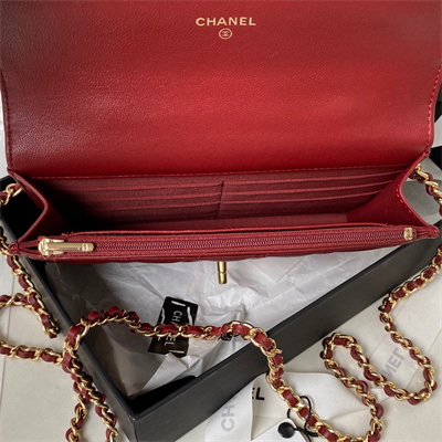 Cha.nel Wallet On Chain With Top Handle Lambskin Gold Tone Metal Burgundy AP3504
