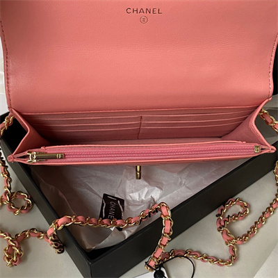 Cha.nel Wallet On Chain With Top Handle Lambskin Gold Tone Metal Pink AP3504