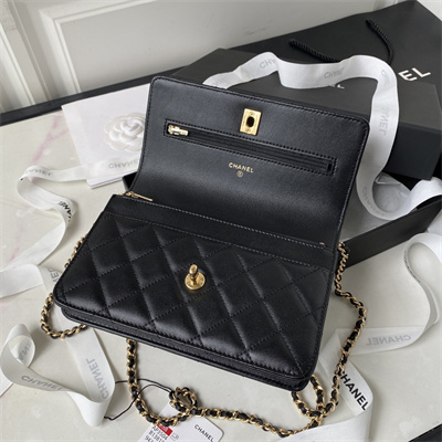 Cha.nel Wallet On Chain With Top Handle Lambskin Gold Tone Metal Black AP3504