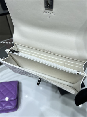 Cha.nel Wallet On Chain With Top Handle Shiny Calfskin Silver Tone Metal White AP3566