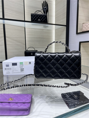 Cha.nel Wallet On Chain With Top Handle Shiny Calfskin Silver Tone Metal Black AP3566