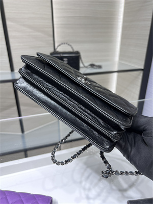 Cha.nel Wallet On Chain With Top Handle Shiny Calfskin Silver Tone Metal Black AP3566