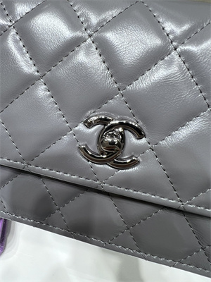 Cha.nel Wallet On Chain With Top Handle Shiny Calfskin Silver Tone Metal Grey AP3566