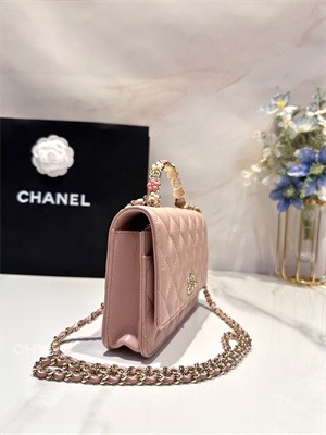 Cha.nel Wallet On Chain With Top Handle Lambskin Gold Tone Metal Light Pink AP3574
