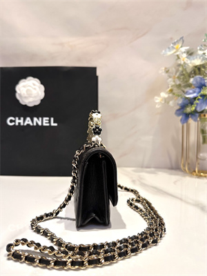 Cha.nel Wallet On Chain With Top Handle Lambskin Gold Tone Metal Black AP3575