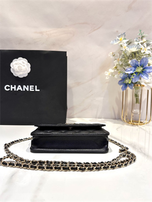 Cha.nel Wallet On Chain With Top Handle Lambskin Gold Tone Metal Black AP3575