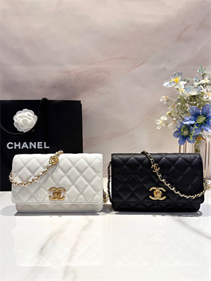 Cha.nel Wallet On Chain Grained Calfskin Gold Tone Metal White AP3580