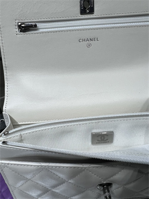 Cha.nel Wallet On Chain With Top Handle Shiny Calfskin Silver Tone Metal White AP3645