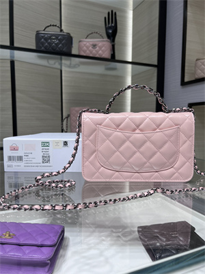 Cha.nel Wallet On Chain With Top Handle Shiny Calfskin Silver Tone Metal Pink AP3645