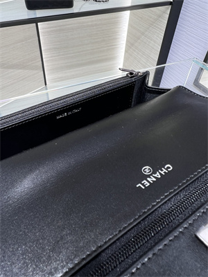 Cha.nel Wallet On Chain With Top Handle Shiny Calfskin Silver Tone Metal Black AP3645