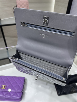 Cha.nel Wallet On Chain With Top Handle Shiny Calfskin Silver Tone Metal Grey AP3645