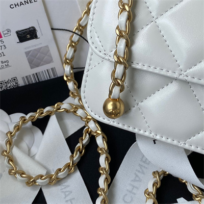Cha.nel Mini Flap Bag Calfskin With Gold Ball Gold Tone Metal White AS2615