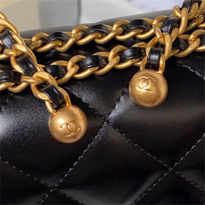 Cha.nel Small Flap Bag Calfskin With Gold Ball Gold Tone Metal Black AS2649