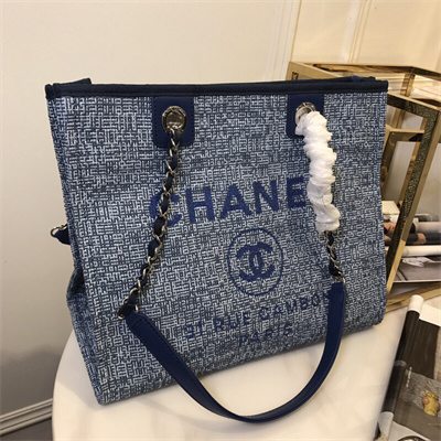 Cha.nel Deauville MM Shopping Bag Mixed Fibers Gold Tone Metal Navy A67001