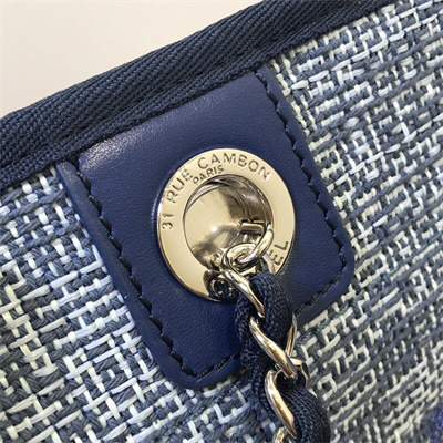 Cha.nel Deauville MM Shopping Bag Mixed Fibers Gold Tone Metal Navy A67001
