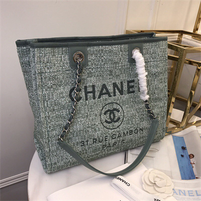 Cha.nel Deauville MM Shopping Bag Mixed Fibers Silver Tone Metal Green A67001