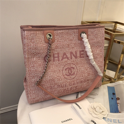 Cha.nel Deauville MM Shopping Bag Mixed Fibers Silver Tone Metal Pink A67001