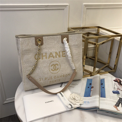 Cha.nel Deauville MM Shopping Bag Mixed Fibers Gold Tone Metal Beige A67001