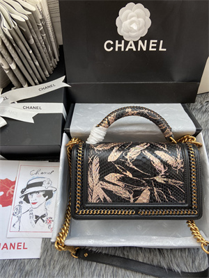 Cha.nel Medium Leboy Bag With Top Handle Python Leather Gold Metal A94804