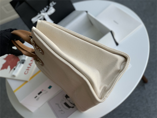 Cha.nel Deauville Large Shopping Bag Bead Mixed Fibers Gold Tone Metal Cream A66941