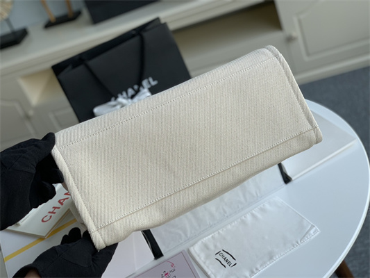 Cha.nel Deauville Large Shopping Bag Bead Mixed Fibers Gold Tone Metal Cream A66941