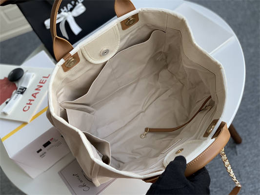 Cha.nel Deauville Large Shopping Bag Bead Mixed Fibers Gold Tone Metal Cream A66941