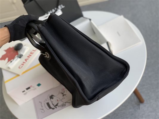 Cha.nel Deauville Large Shopping Bag Bead Mixed Fibers Gold Tone Metal Black A66941