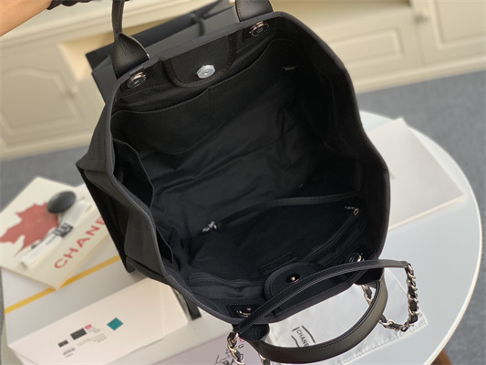 Cha.nel Deauville Large Shopping Bag Bead Mixed Fibers Gold Tone Metal Black A66941