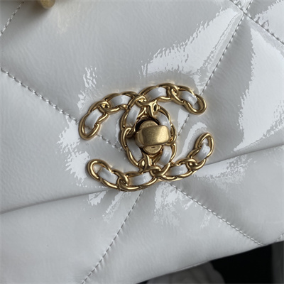 Cha.nel 19 Handbag Shiny Aged Calfskin Gold Double C Metal White AS1160