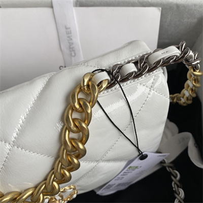 Cha.nel 19 Handbag Shiny Aged Calfskin Gold Double C Metal White AS1160
