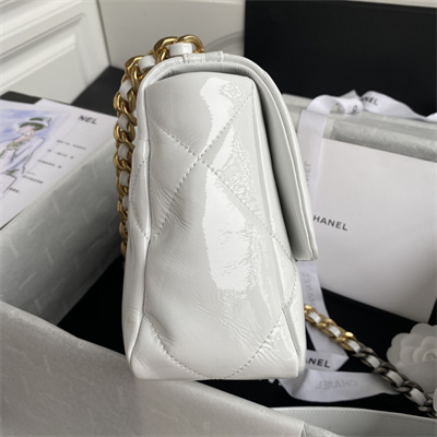 Cha.nel 19 Handbag Shiny Aged Calfskin Gold Double C Metal White AS1160